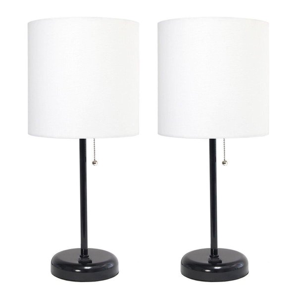 Diamond Sparkle Black Stick Table Lamp with Charging Outlet & Fabric Shade, White - Set of 2 DI2519778